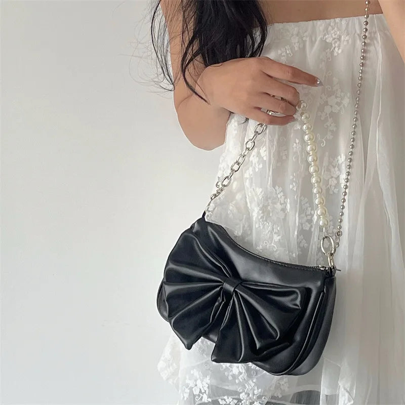 Y2K Bow Love Chain Shoulder Bag PU Leather Hot Girl Style Small Handbag