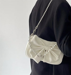 Y2K Bow Love Chain Shoulder Bag PU Leather Hot Girl Style Small Handbag