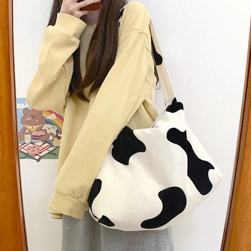 Canvas Shoulder Bag with Bow Pattern Large Capacity Tote