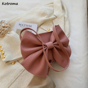 Pink Bow Shoulder Bag Small Handbag PU Leather Zipper Square Bag