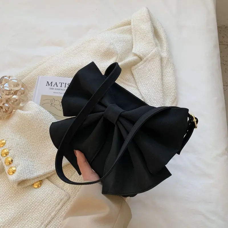 Pink Bow Shoulder Bag Small Handbag PU Leather Zipper Square Bag