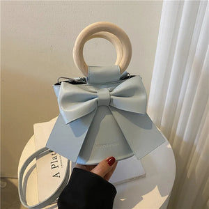 Bow Tie Round Handle Mini PU Leather Crossbody Bag Women Shoulder Totes