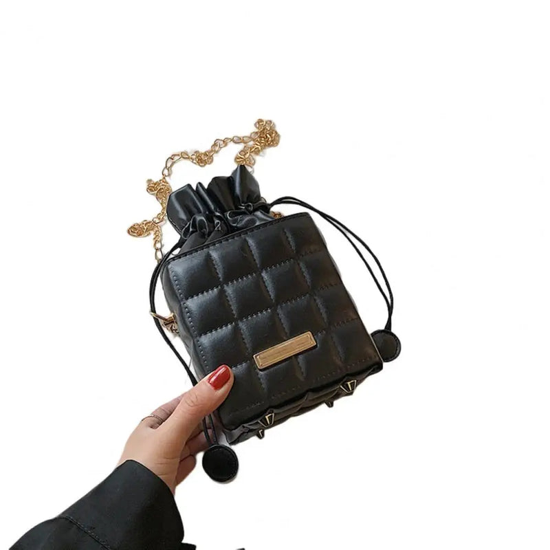 Square Faux Leather Crossbody Bag Chain Strap Drawstring Shoulder Bag