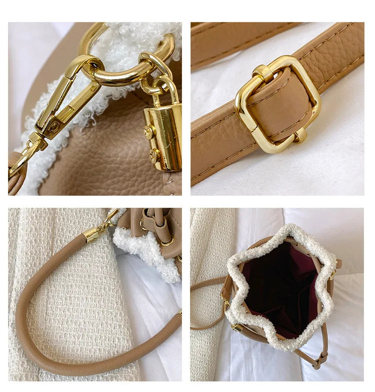 Vintage Women Shoulder Crossbody Bag Lambswool Edged Handbag