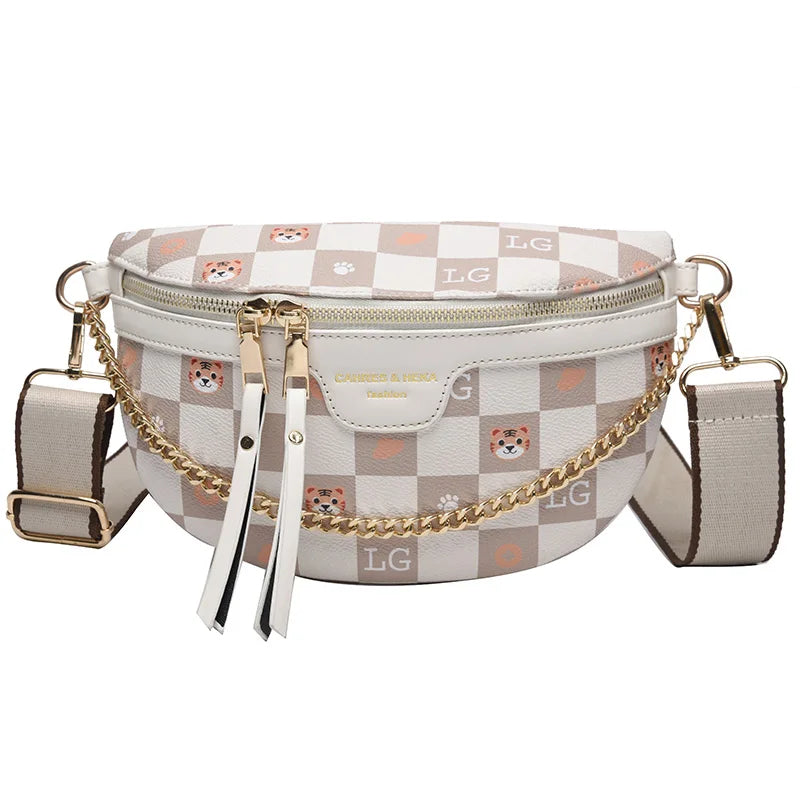 Chain Women's Fanny Pack Grid Leather Waist Bag Shoulder Crossbody Chest Bags
