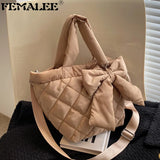 Cotton Women's Tote Bags Lady Shoulder Bag with Big Bow Nylon Handbags