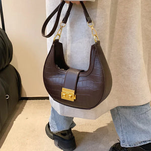 Crocodile Pattern Women's Shoulder Bag Lock Crossbody Bag Half Moon