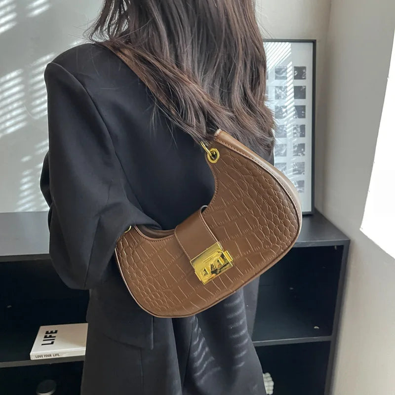 Crocodile Pattern Women's Shoulder Bag Lock Crossbody Bag