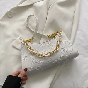 Floral Print Chain Crossbody Handbag Half Moon Shoulder Bag