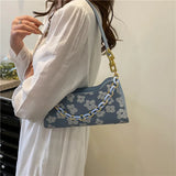 Floral Print Chain Crossbody Handbag Half Moon Shoulder Bag