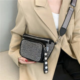 Women Leather Diamond Shoulder Bag Wide Strap Chest Bag Rhinestones Waist Pack