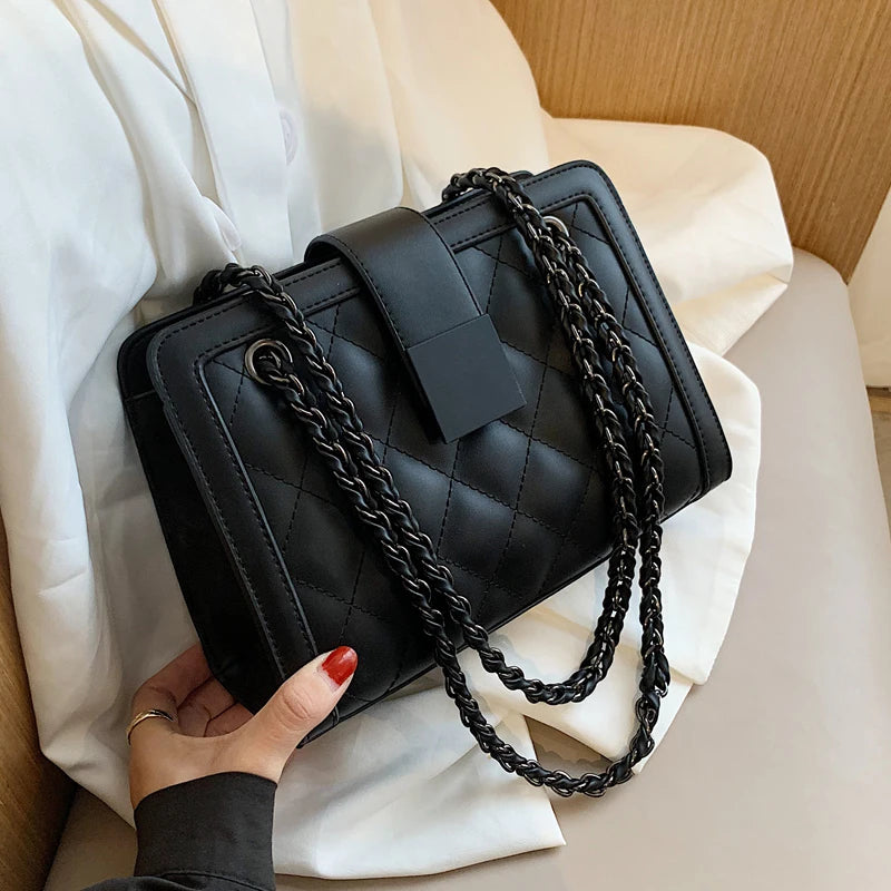 Women's Leather Travel Handbag with Chain Shoulder Strap