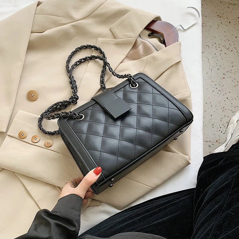 Women's Leather Travel Handbag with Chain Shoulder Strap