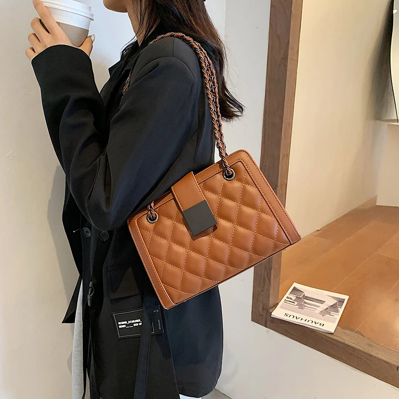 Women's Leather Travel Handbag with Chain Shoulder Strap