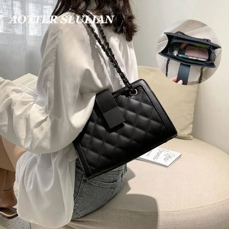 Women's Leather Travel Handbag with Chain Shoulder Strap