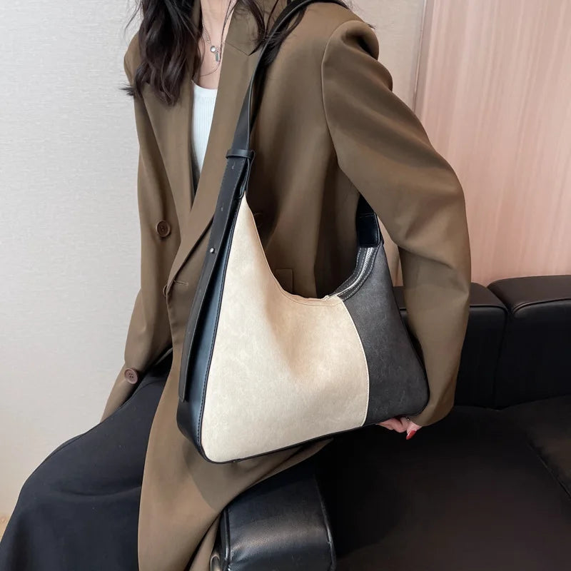 PU Leather Women's Shoulder Bag Contrast Crossbody Bag Half Moon Handbag