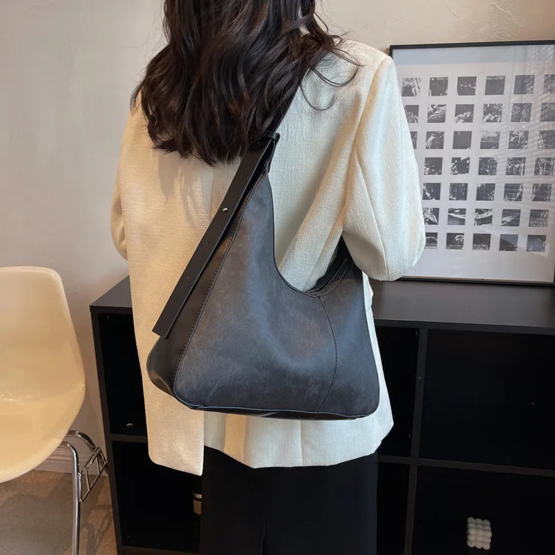 PU Leather Women's Shoulder Bag Contrast Crossbody Bag Half Moon Handbag