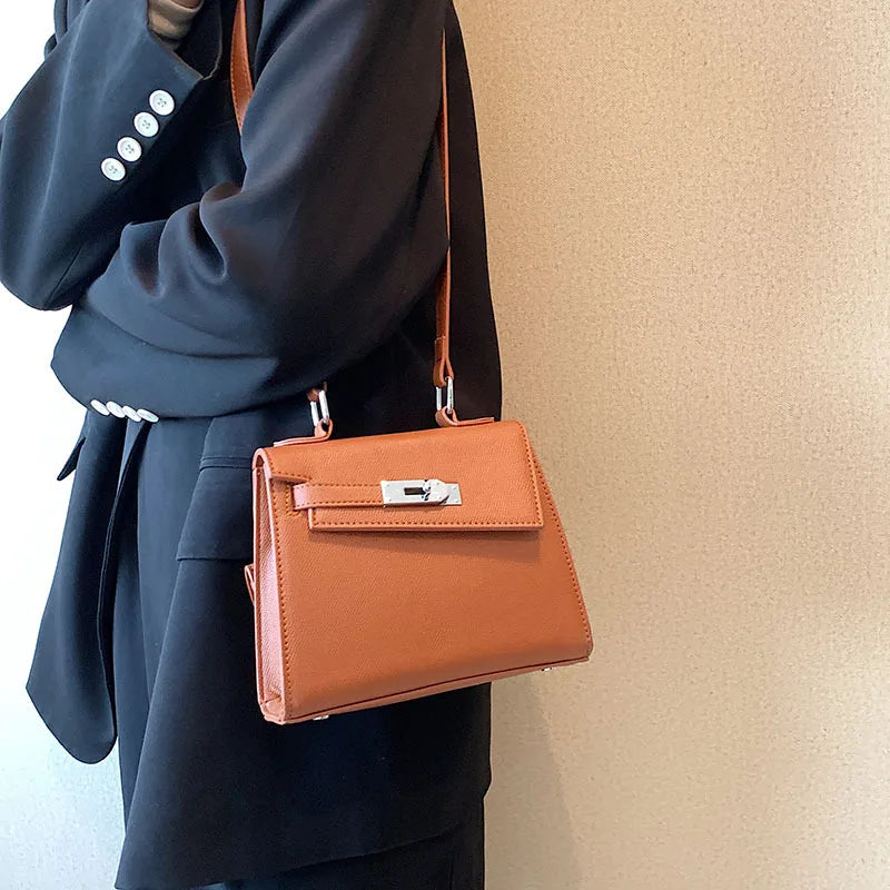 Leather Shoulder Bag Lock Crossbody Flap Handbag
