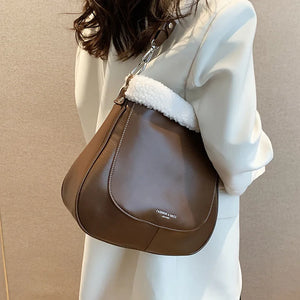 PU Leather Women's Shoulder Bag Fur Edge Crossbody Bag Bucket Handbag