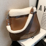PU Leather Women's Shoulder Bag Fur Edge Crossbody Bag Bucket Handbag