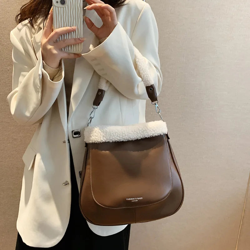 PU Leather Women's Shoulder Bag Fur Edge Crossbody Bag Bucket Handbag