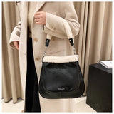 PU Leather Women's Shoulder Bag Fur Edge Crossbody Bag Bucket Handbag