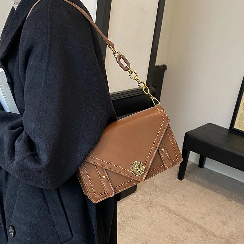 Retro Lock PU Leather Shoulder Bag Crossbody Handbag