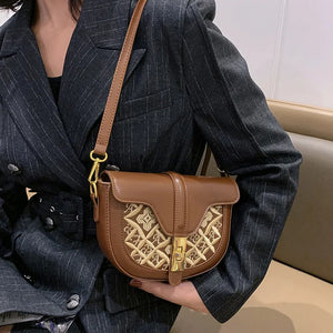 PU Leather Women's Shoulder Bag Retro Lock Crossbody Bag Saddle Handbag