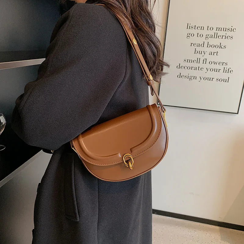Retro Lock Crossbody Bag Saddle Handbag PU Leather Women's Shoulder Bag