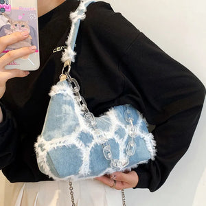 Plaid Quilted Women's Shoulder Bag Chain Half Moon Handbag
