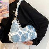 Plaid Quilted Women's Shoulder Bag Chain Half Moon Handbag