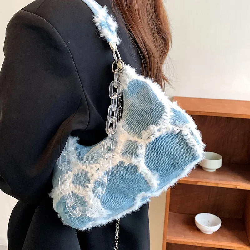 Plaid Quilted Women's Shoulder Bag Chain Half Moon Handbag
