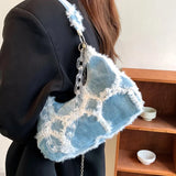 Plaid Quilted Women's Shoulder Bag Chain Half Moon Handbag