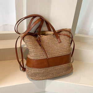 Straw Women's Shoulder Bag Contrast Crossbody Bag Bucket Handbag