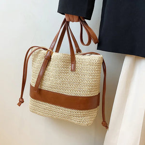 Straw Women's Shoulder Bag Contrast Crossbody Bag Bucket Handbag