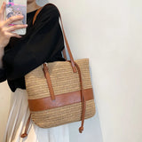 Straw Women's Shoulder Bag Contrast Crossbody Bag Bucket Handbag