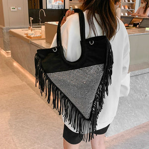 Triangle Handbag Long Tassel Shoulder Bag Large Capacity Faux Suede Crossbo