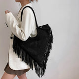 Triangle Handbag Long Tassel Shoulder Bag Large Capacity Faux Suede Crossbo