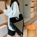 Triangle Handbag Long Tassel Shoulder Bag Large Capacity Faux Suede Crossbo