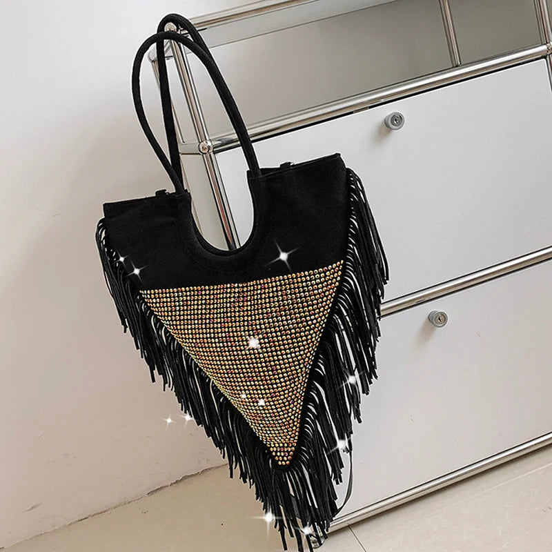 Triangle Handbag Long Tassel Shoulder Bag Large Capacity Faux Suede Crossbo