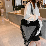 Triangle Handbag Long Tassel Shoulder Bag Large Capacity Faux Suede Crossbo