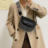 Women Chest Bag Tassel PU Leather Large Capacity Crossbody Chest Bag Zipper Bag