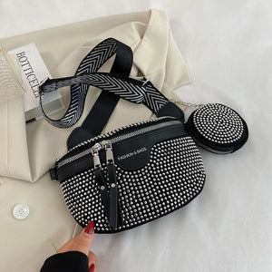 Women's Leather Fanny Pack Shoulder Crossbody Chest Bag Rhinestone Waist Pack