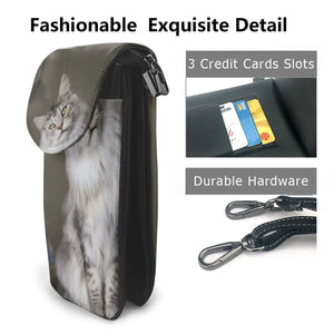 Maine Coon Cat Print Shoulder Bag Girl's Leather Crossbody Purse