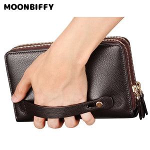 Men Clutch Bag Wallet Leather Double Zipper Business Purse Brown