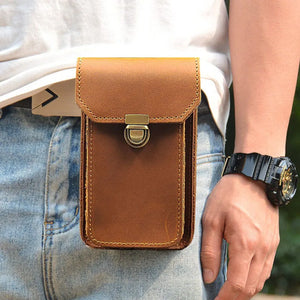 Men Crazy Horse Leather Waist Bag Hook Fanny Pack Vintage Casual Phone Pouch