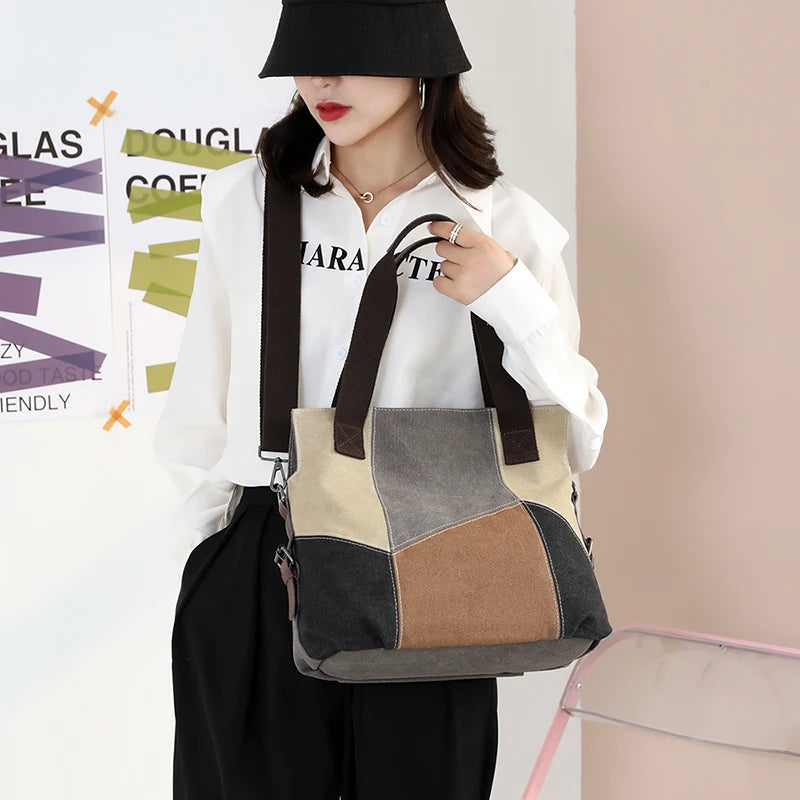 Canvas Patchwork Shoulder Bag Vintage Women's Messenger Bags Handbags Purse