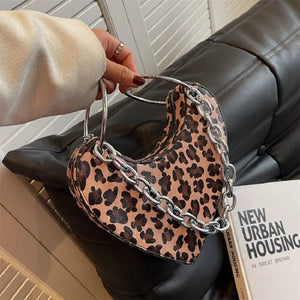 Leopard-print Metal Chain Heart-Shaped Love Shoulder Bag