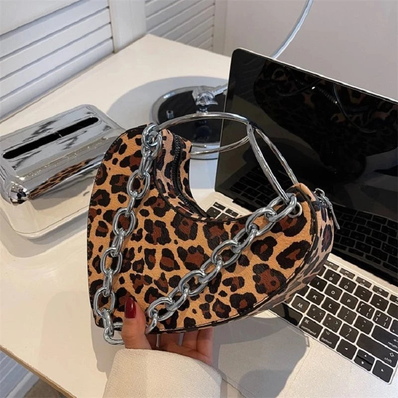 Leopard-print Metal Chain Heart-Shaped Love Shoulder Bag