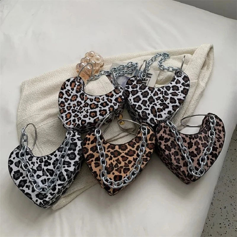 Leopard-print Metal Chain Heart-Shaped Love Shoulder Bag